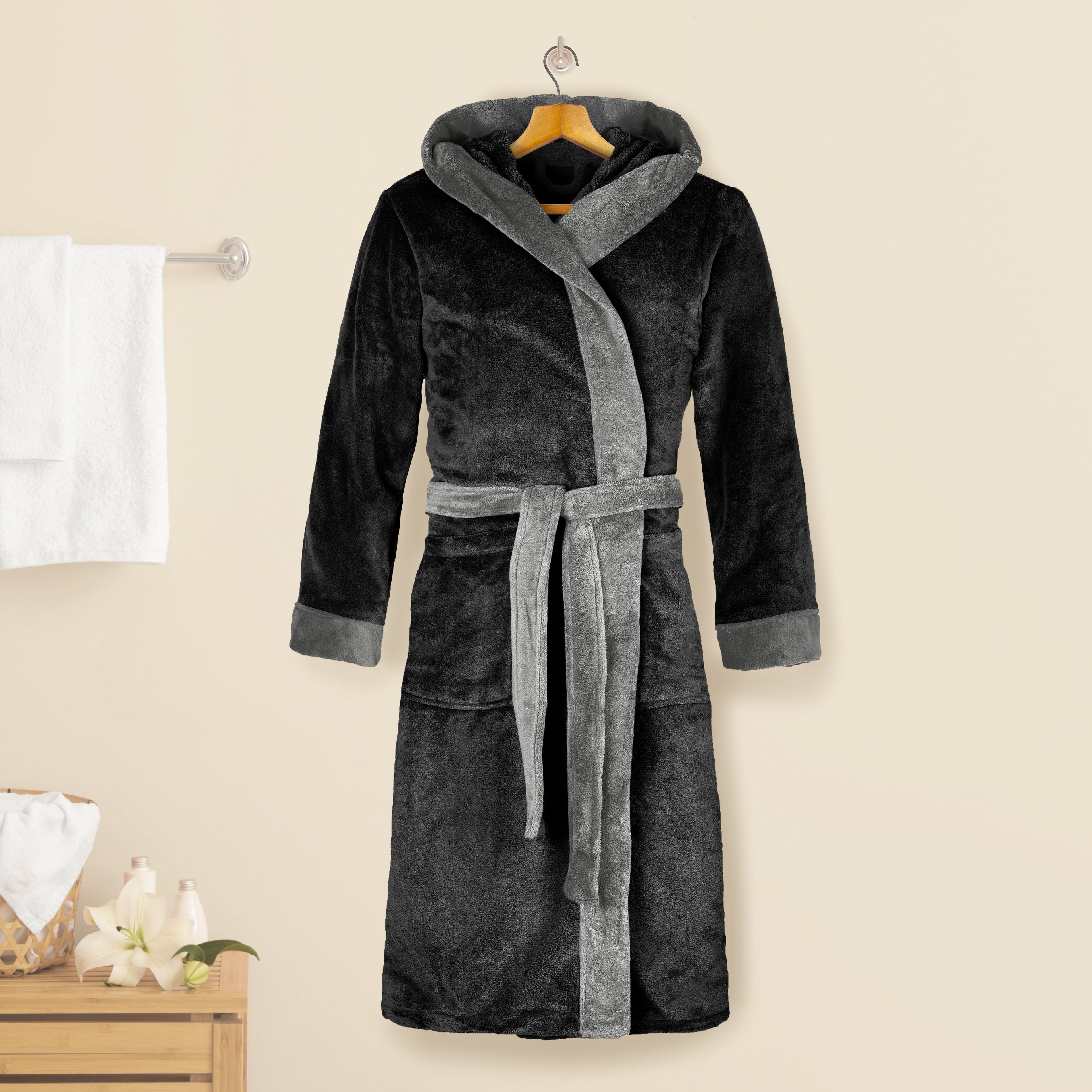Women Hooded Velvet Fleece Long Bathrobe