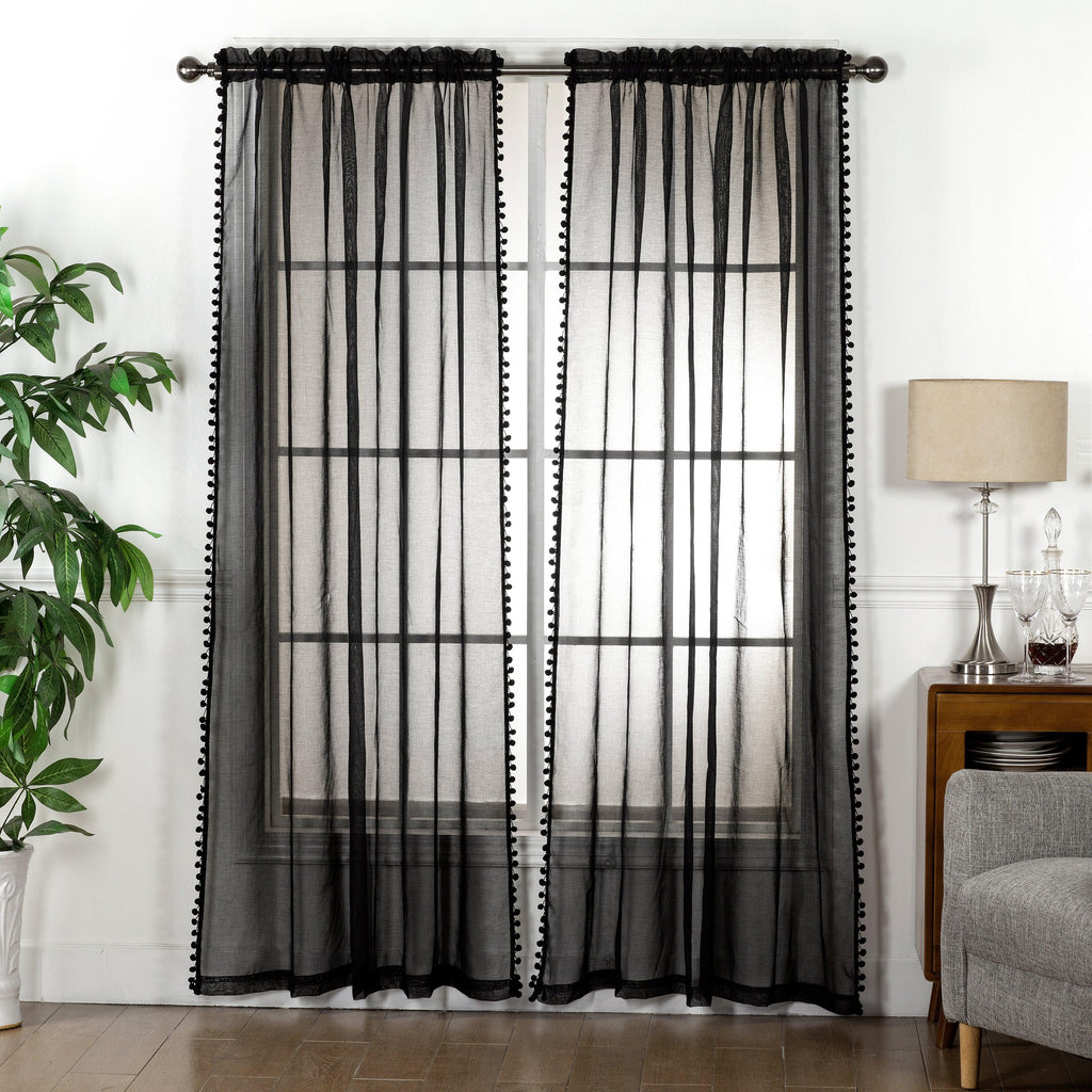 Set of 2 Pom Pom Tasseled Sheer Curtain - Rod Pocket