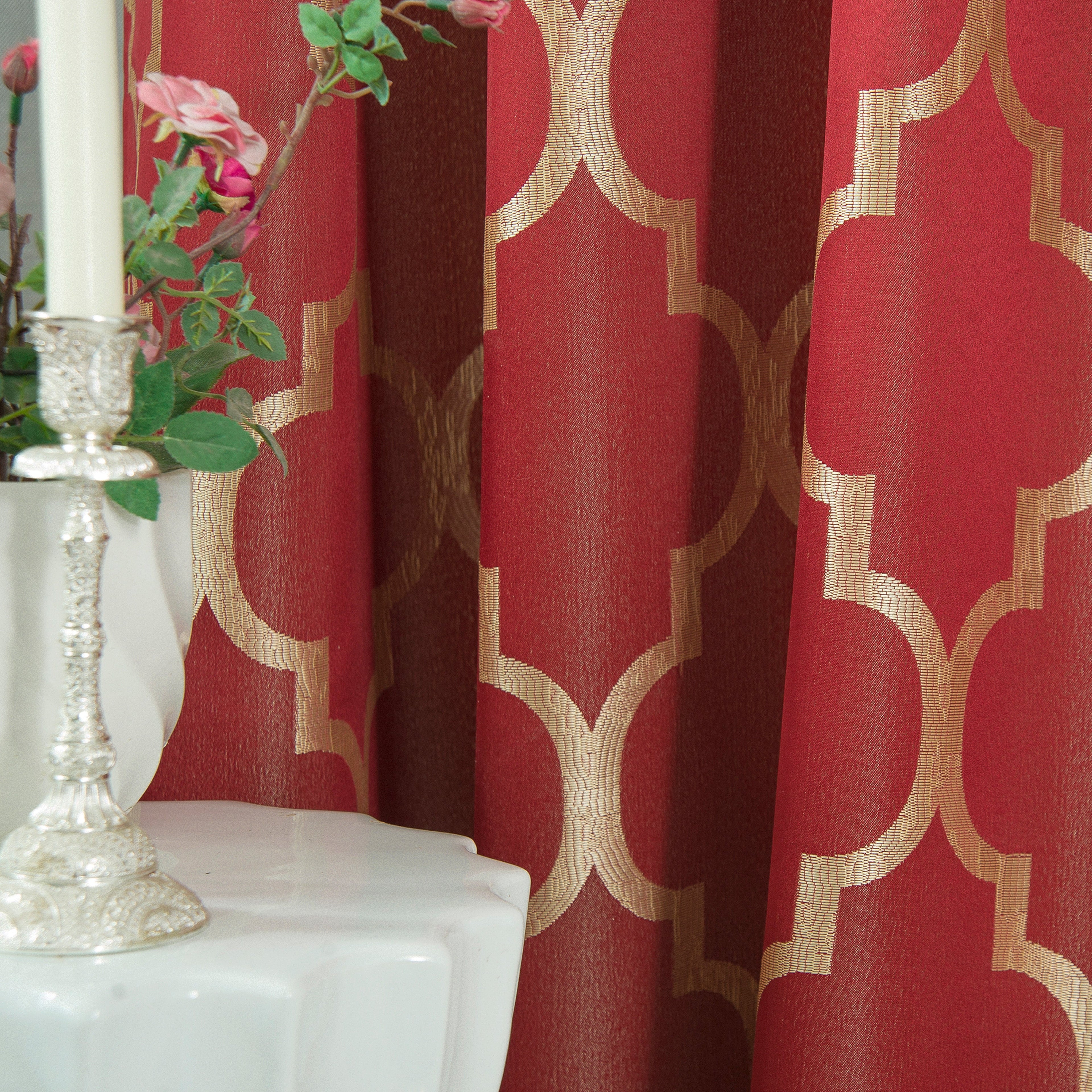 2-Piece Quatrefoil - Moroccan Trellis Jacquard Look Curtain Panels- Attached Valance - 54" W x 84" L, Set of 2