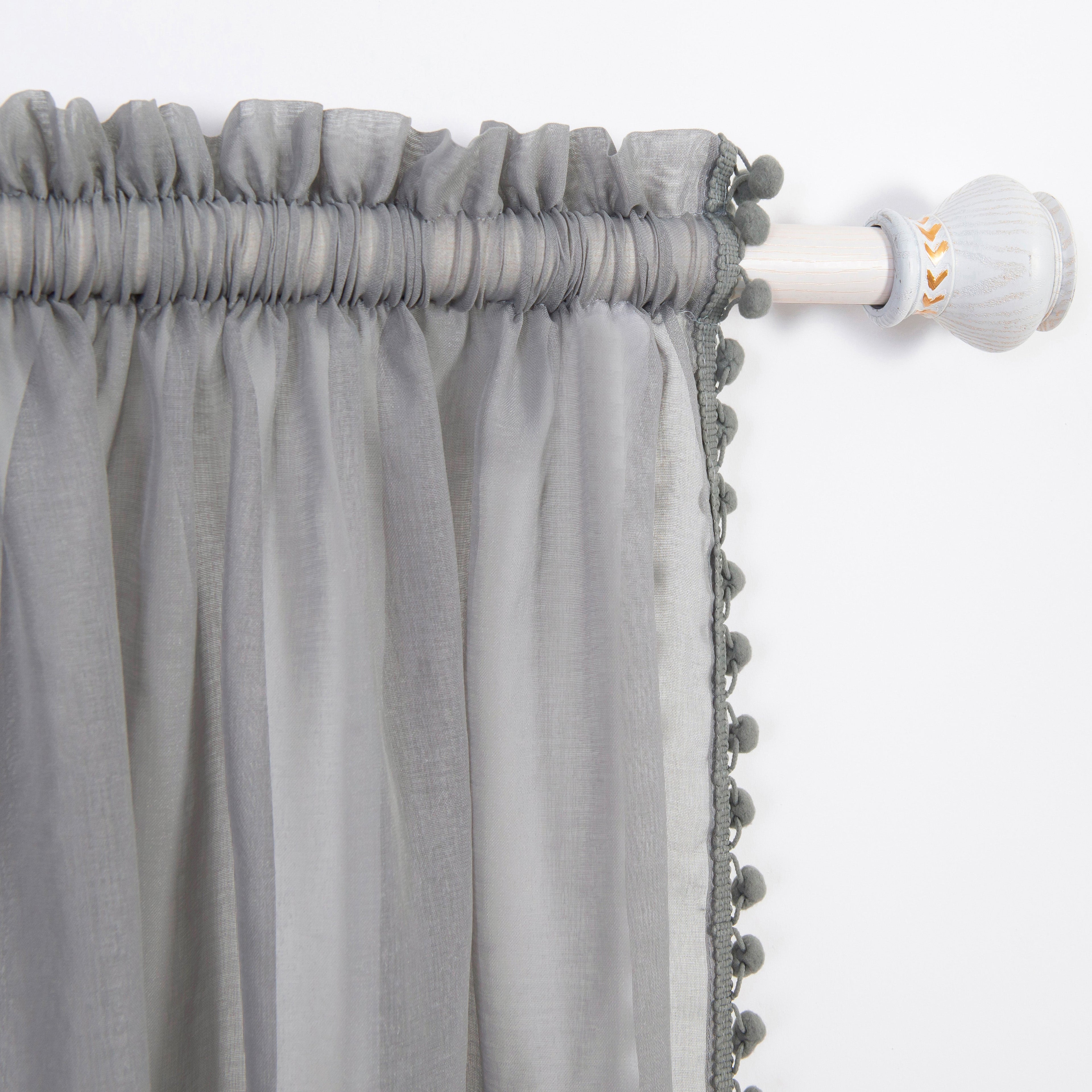Set of 2 Pom Pom Tasseled Sheer Curtain - Rod Pocket