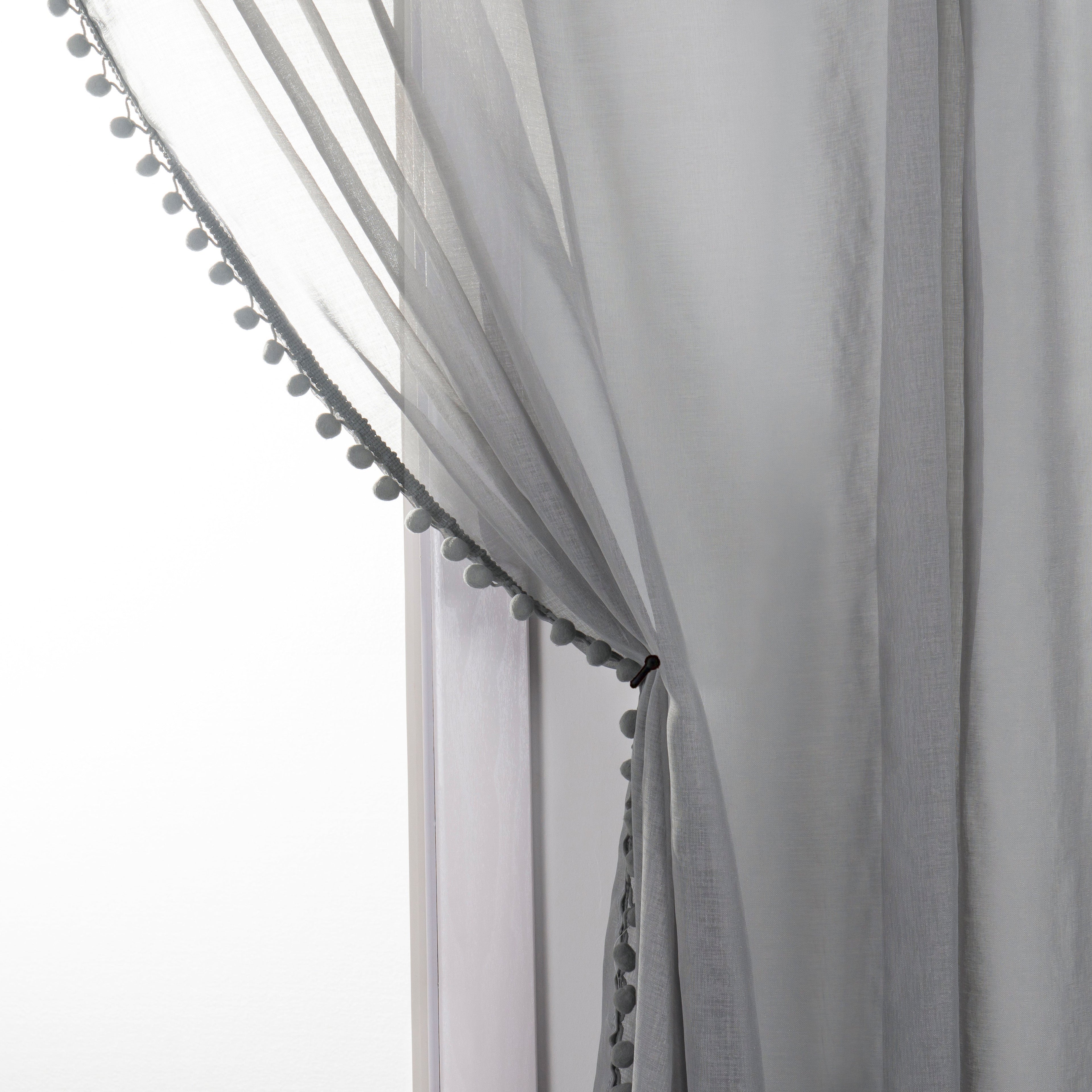 Set of 2 Pom Pom Tasseled Sheer Curtain - Rod Pocket