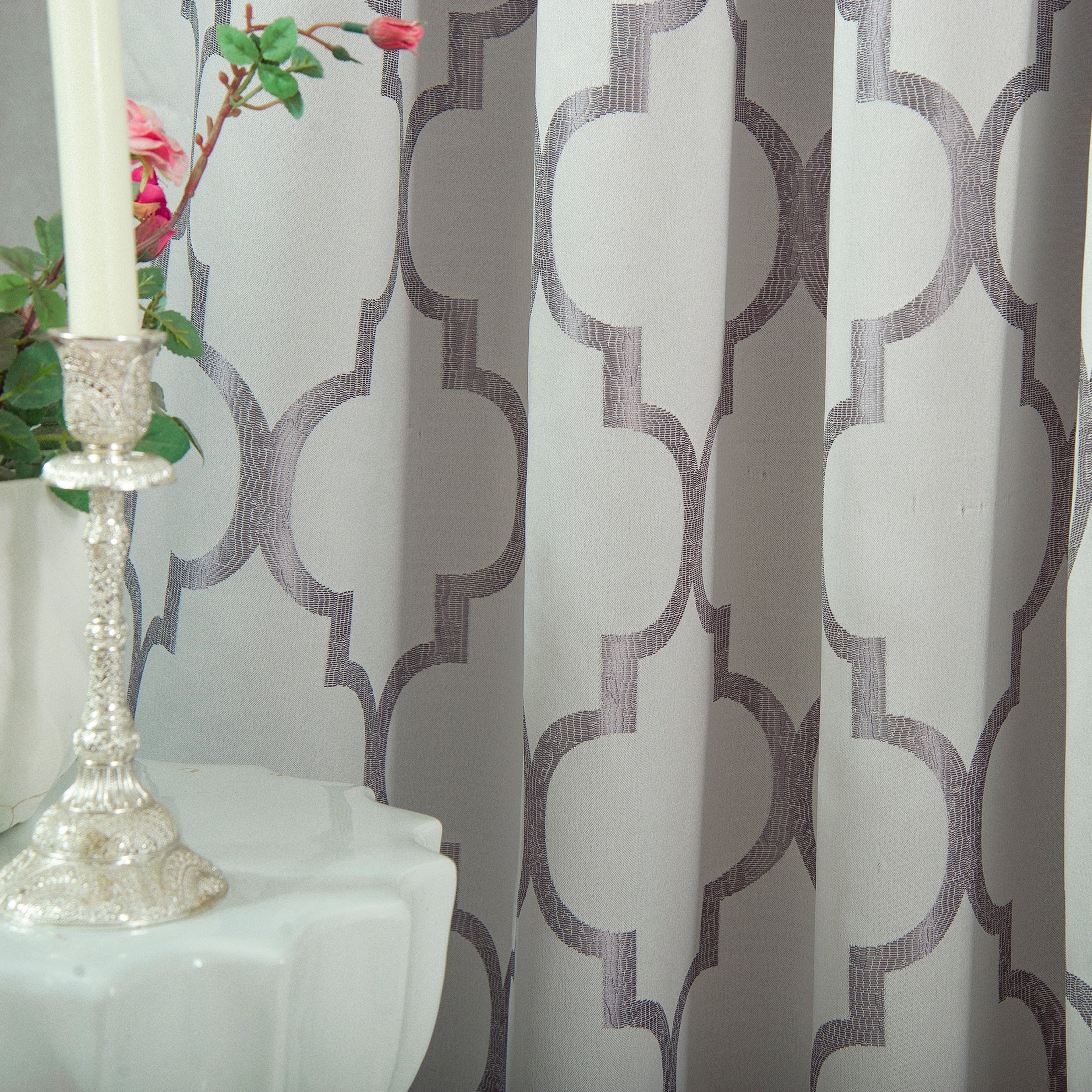 2-Piece Quatrefoil - Moroccan Trellis Jacquard Look Curtain Panels- Attached Valance - 54" W x 84" L, Set of 2